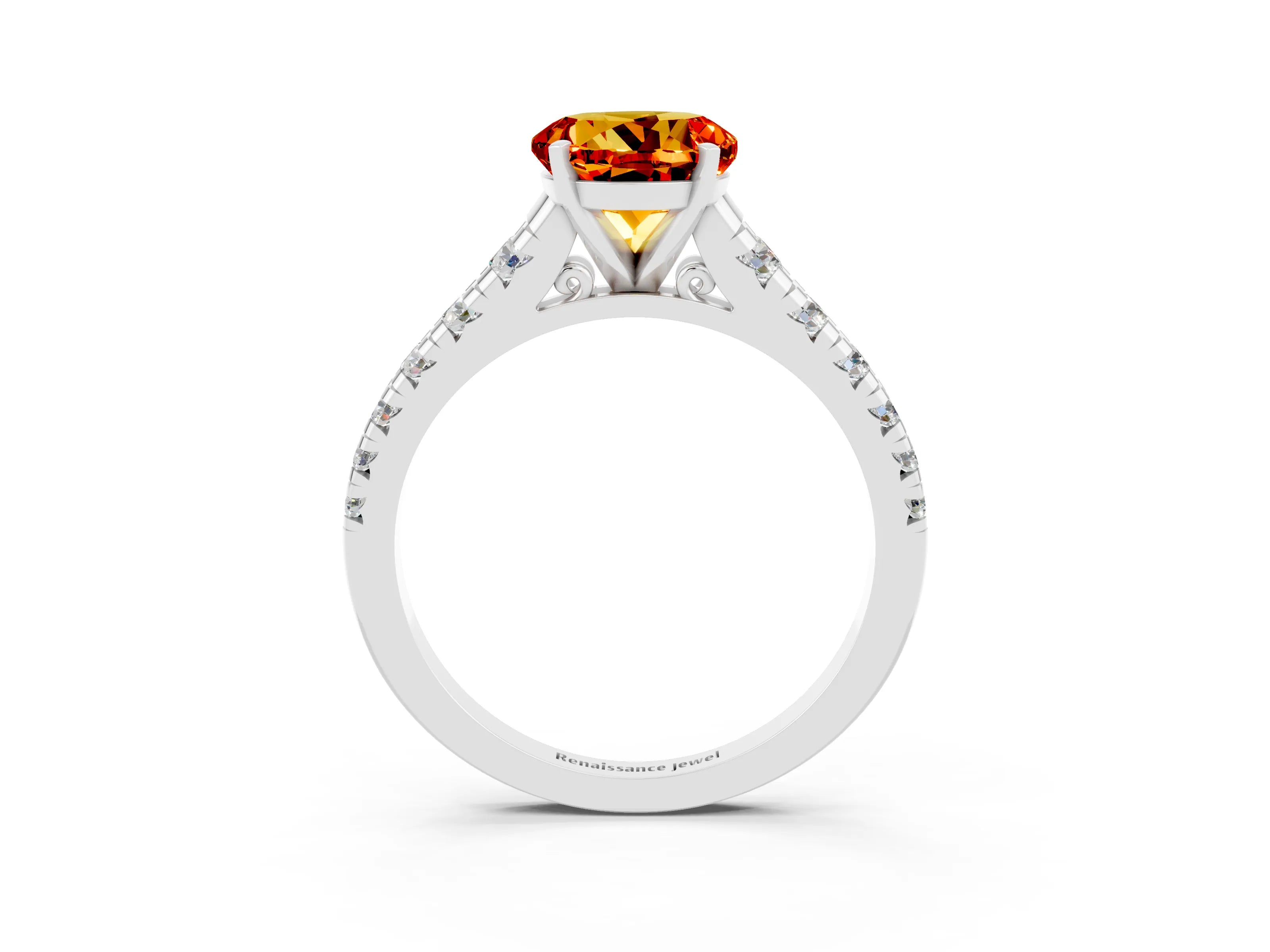 White gold Round Cut Citrine Solitaire Ring with Cathedral Setting and Pavé Band_3