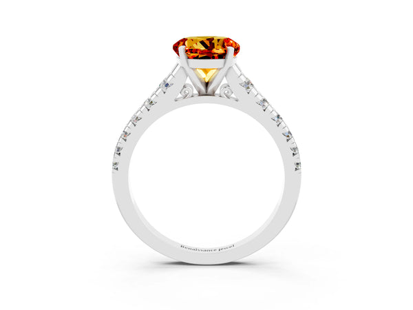Platinum Round Cut Citrine Cathedral Solitaire Ring with Round  Pavé Band