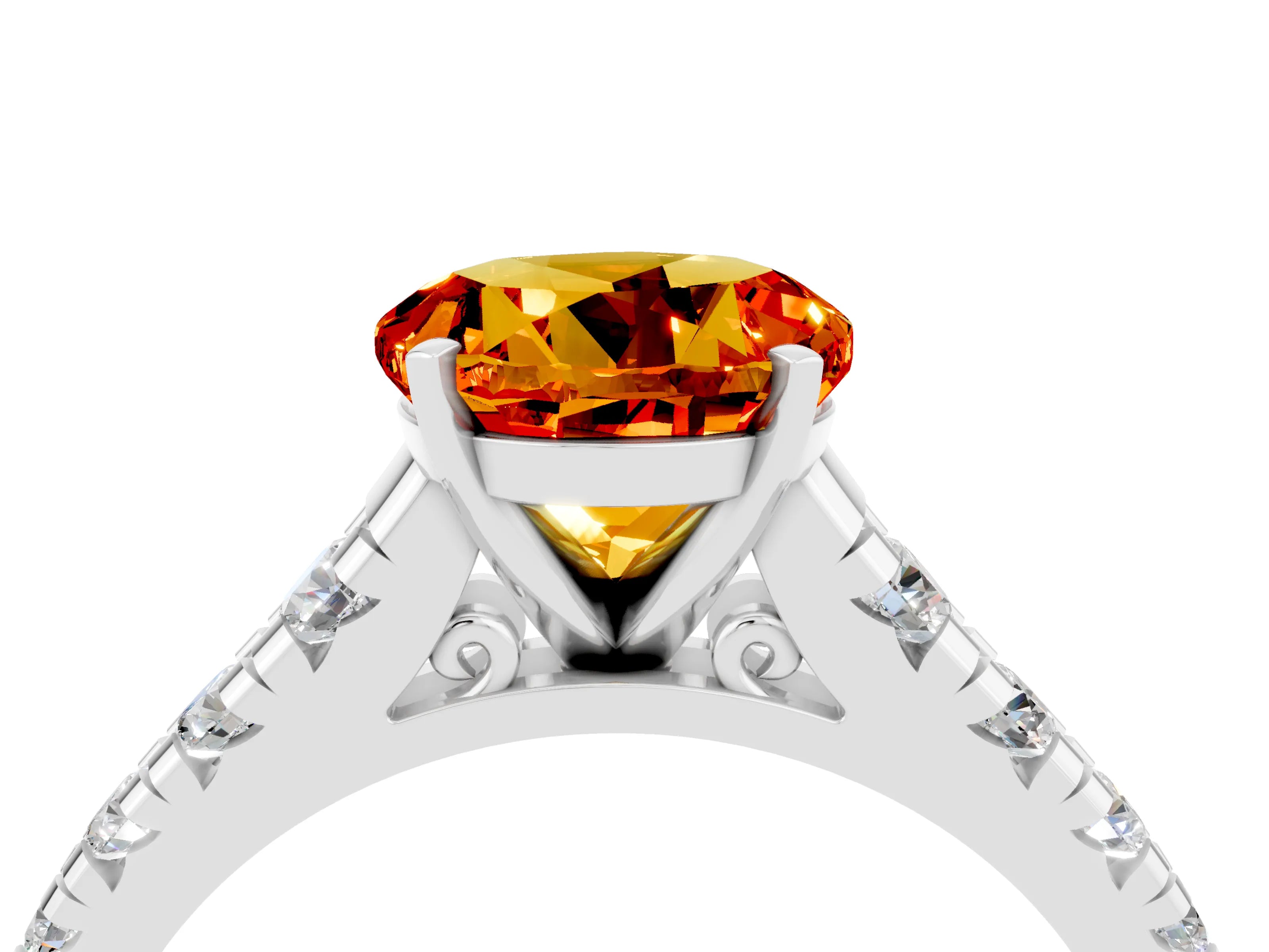 White gold Round Cut Citrine Solitaire Ring with Cathedral Setting and Pavé Band_4