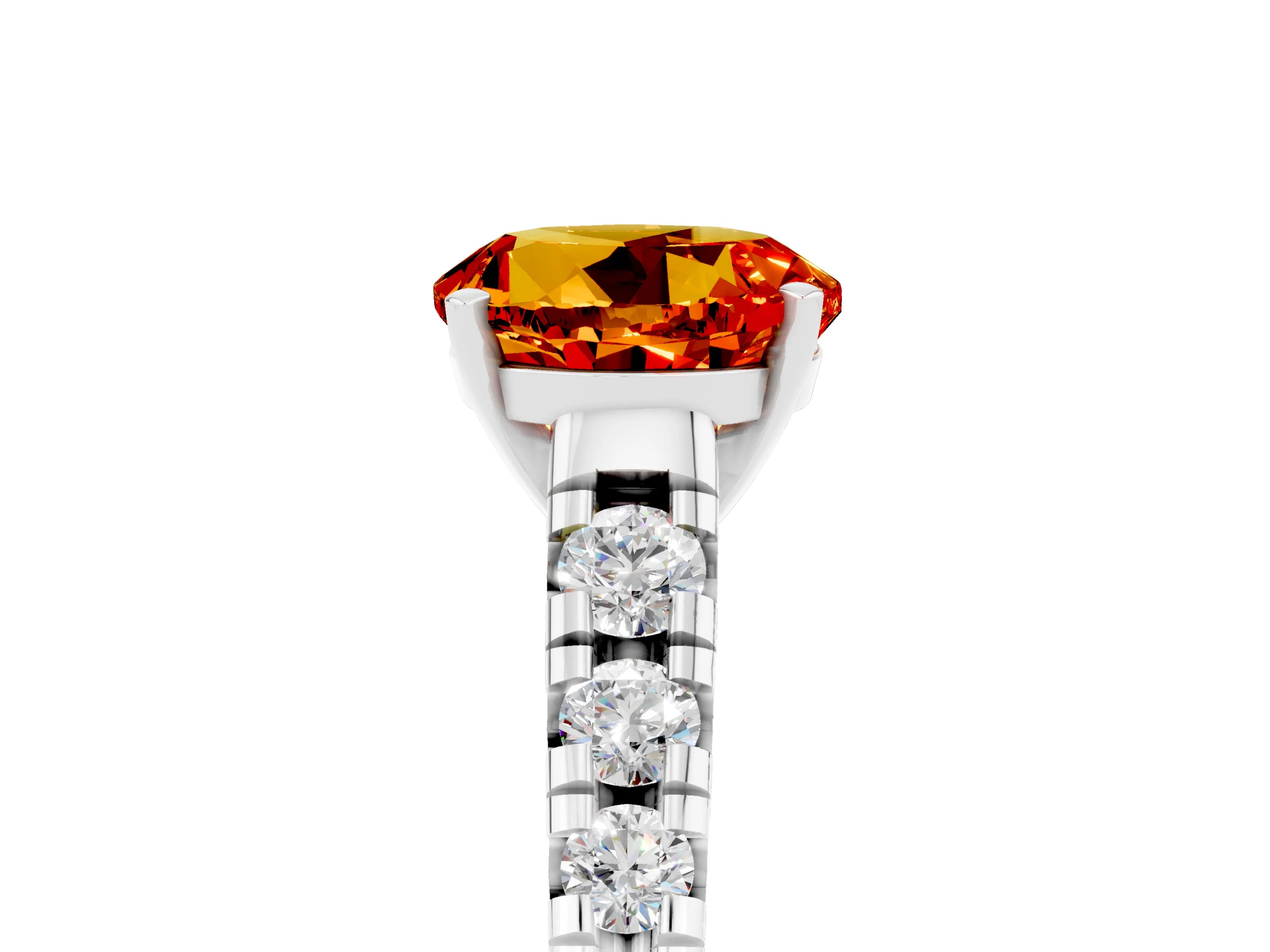 White gold Round Cut Citrine Solitaire Ring with Cathedral Setting and Pavé Band_5