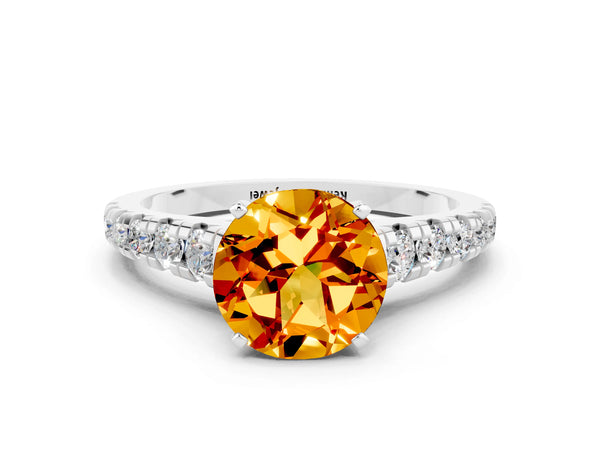 Silver Round Cut Citrine Cathedral Solitaire Ring with Round  Pavé Band