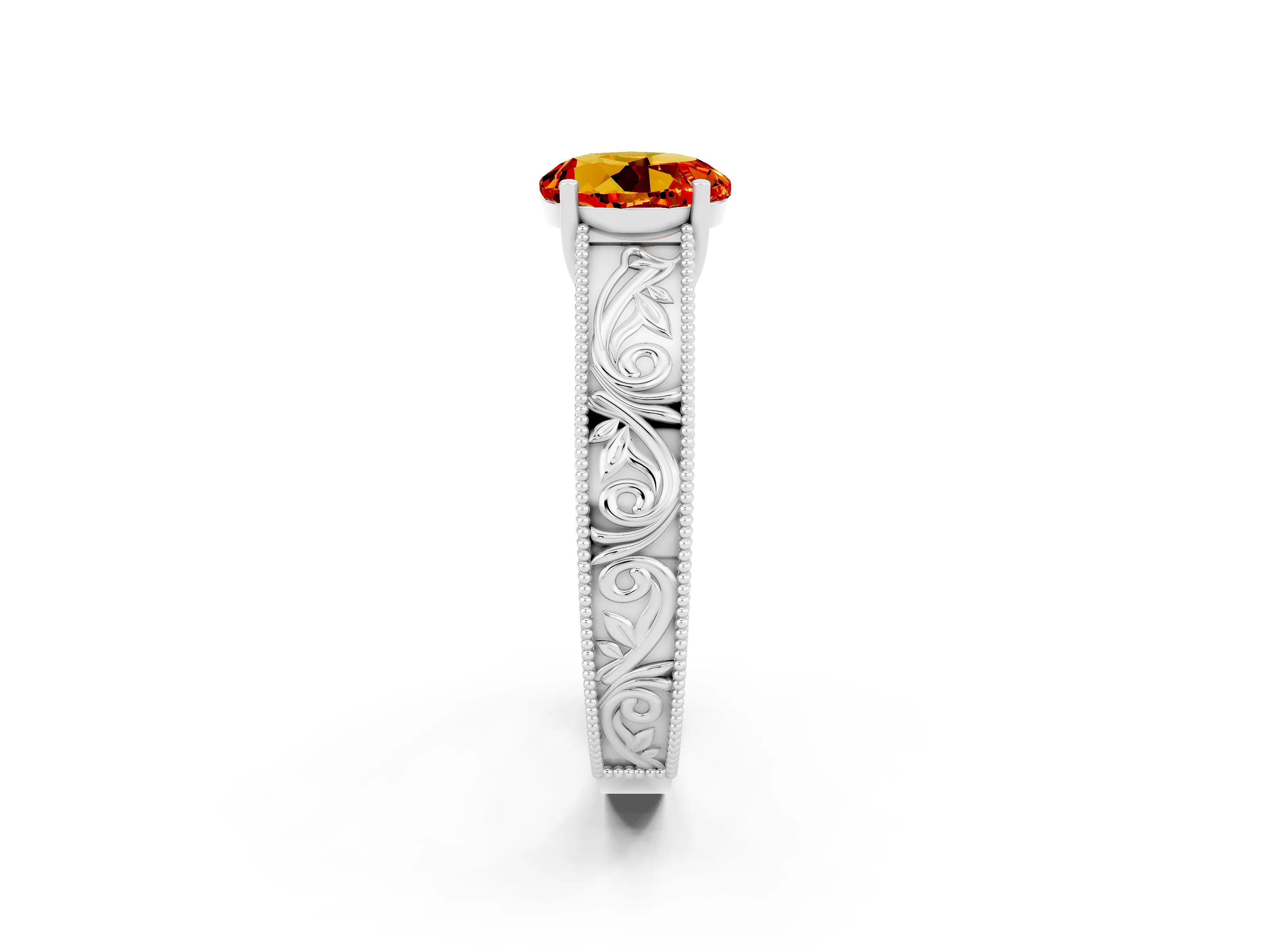 White gold Round Cut Citrine Solitaire Ring with Engraved Band and Four-Prong Setting_2