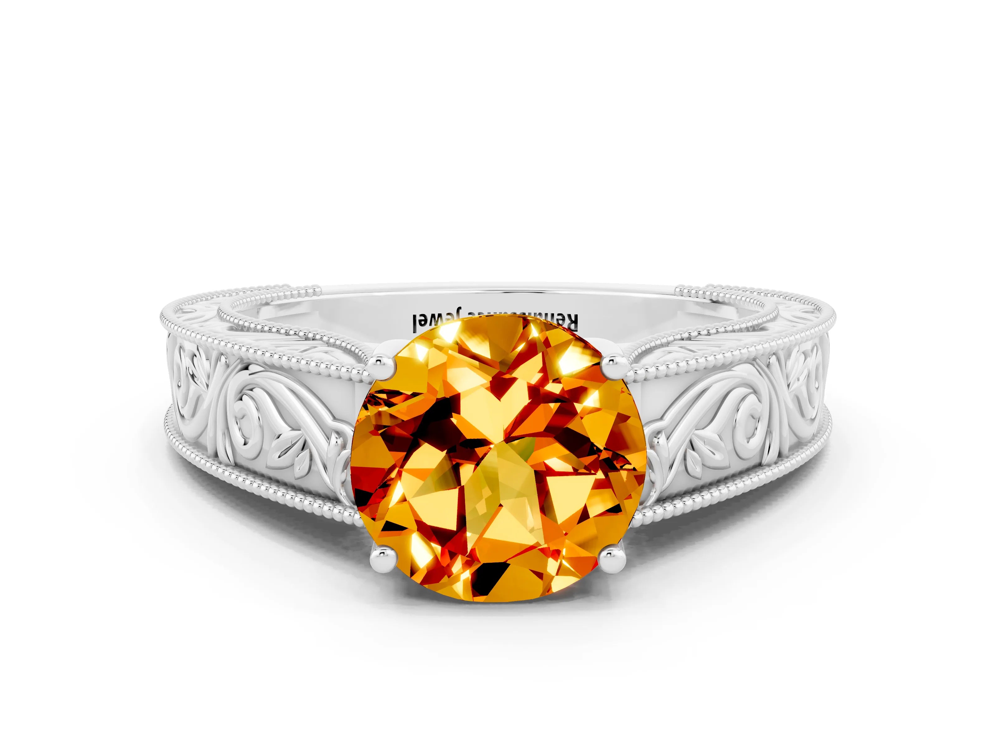 White gold Round Cut Citrine Solitaire Ring with Engraved Band and Four-Prong Setting