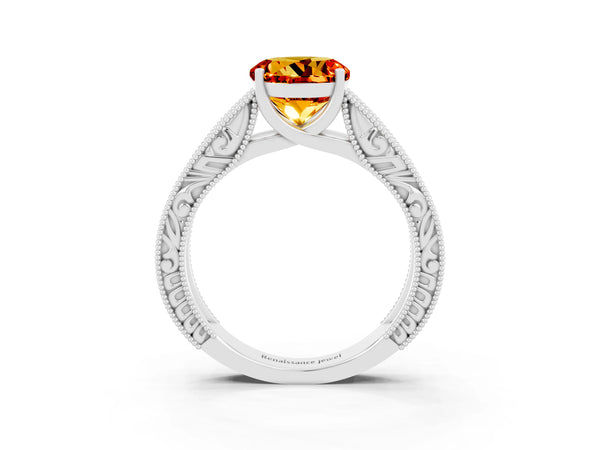 Platinum Round Cut Citrine Solitaire Ring with Engraved Band and Four-Prong Setting