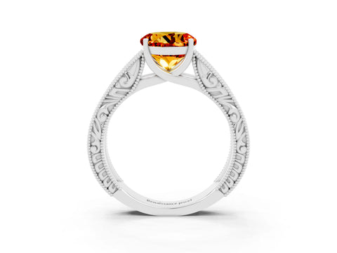 White gold Round Cut Citrine Solitaire Ring with Engraved Band and Four-Prong Setting_3