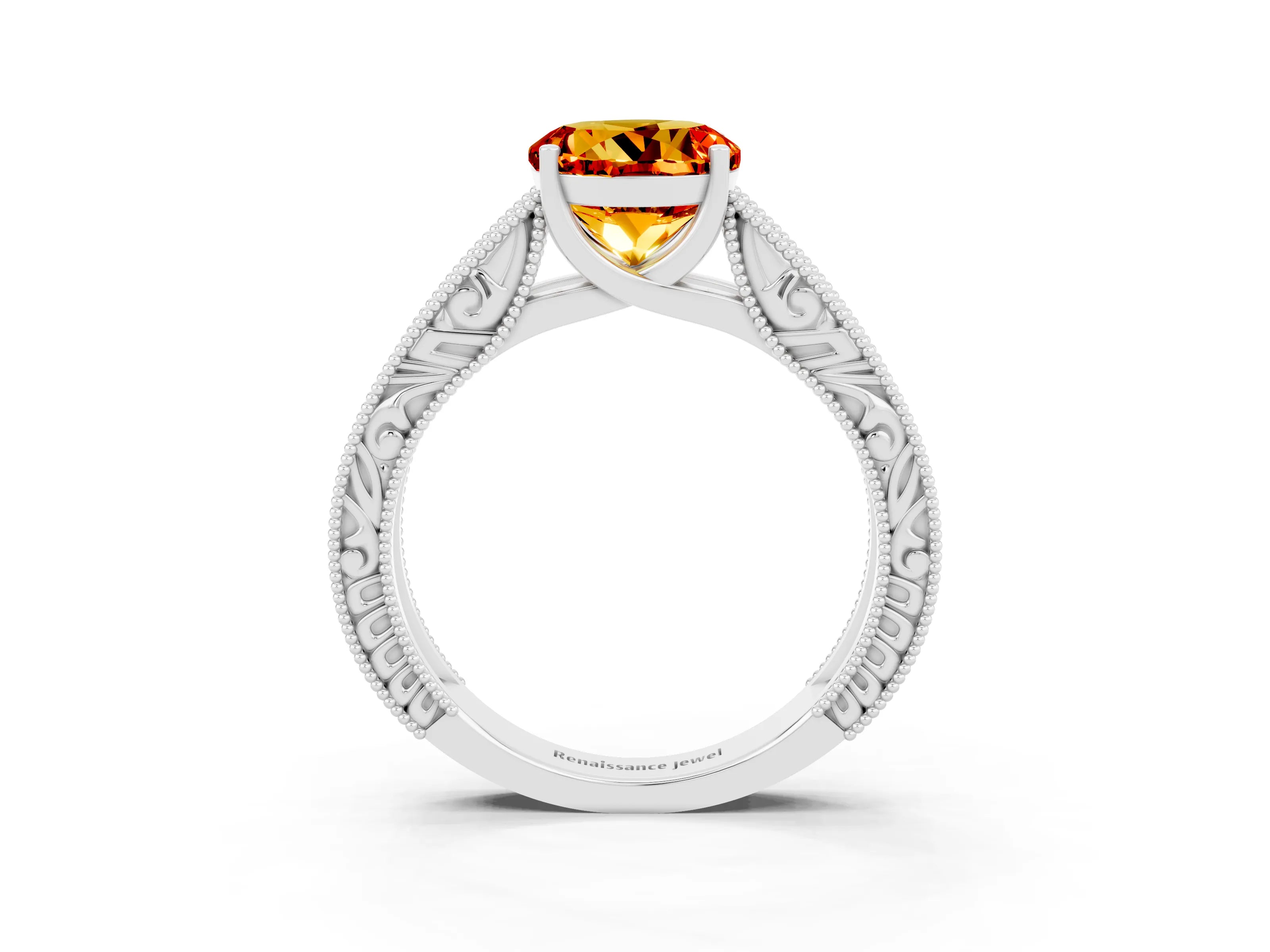 White gold Round Cut Citrine Solitaire Ring with Engraved Band and Four-Prong Setting_3