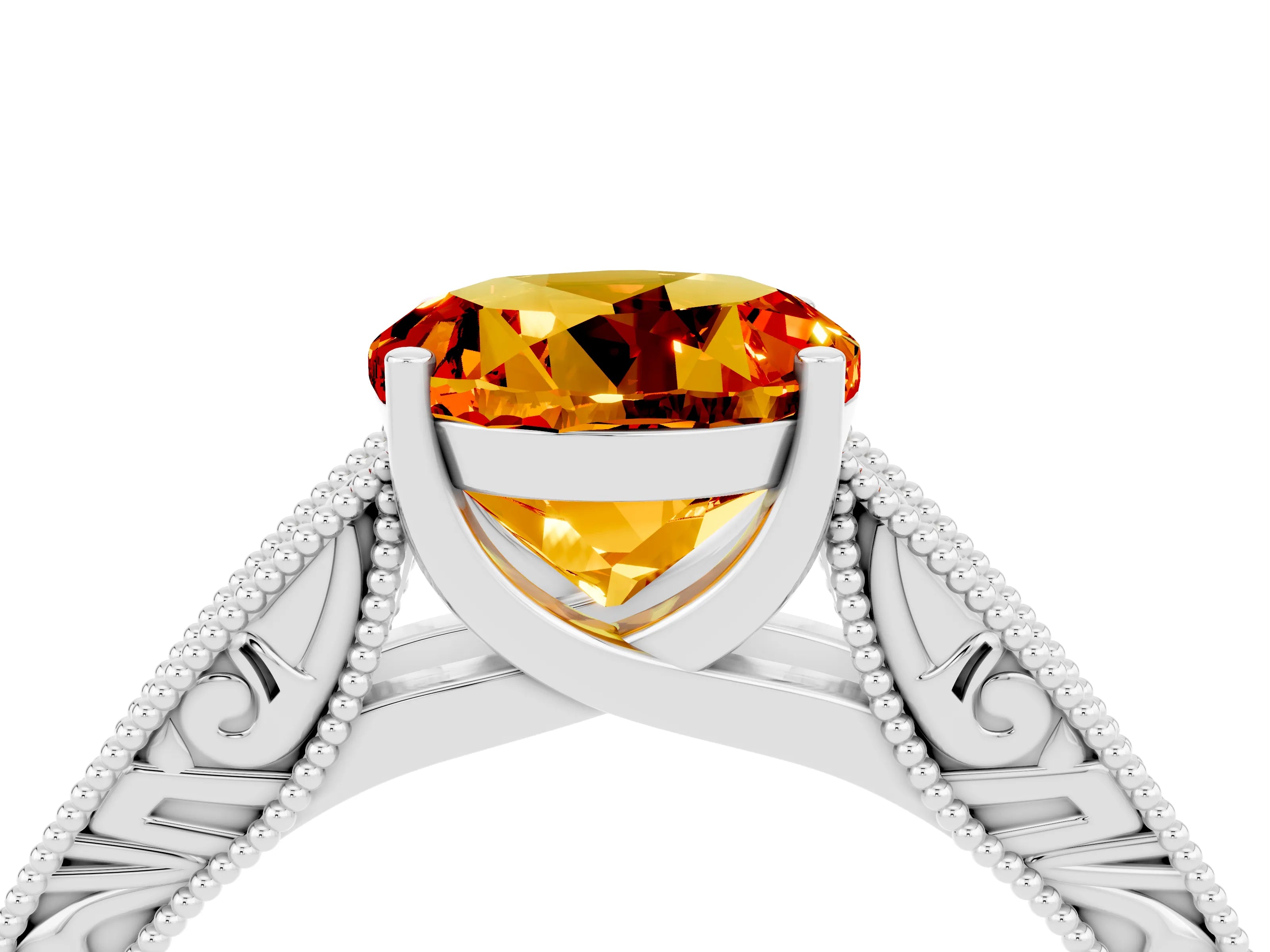 White gold Round Cut Citrine Solitaire Ring with Engraved Band and Four-Prong Setting_4
