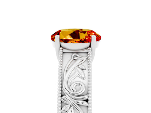 White gold Round Cut Citrine Solitaire Ring with Engraved Band and Four-Prong Setting_5