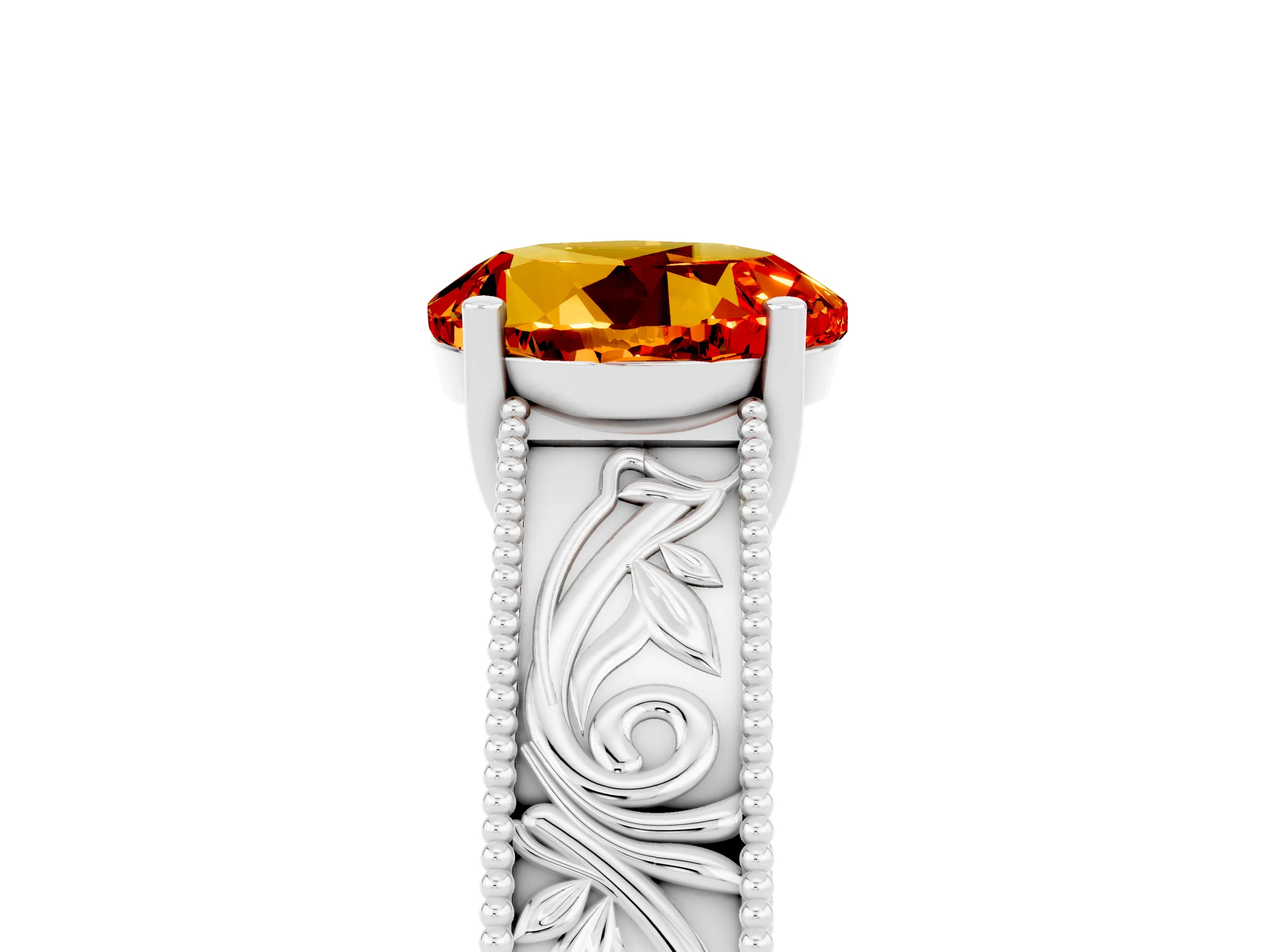 White gold Round Cut Citrine Solitaire Ring with Engraved Band and Four-Prong Setting_5