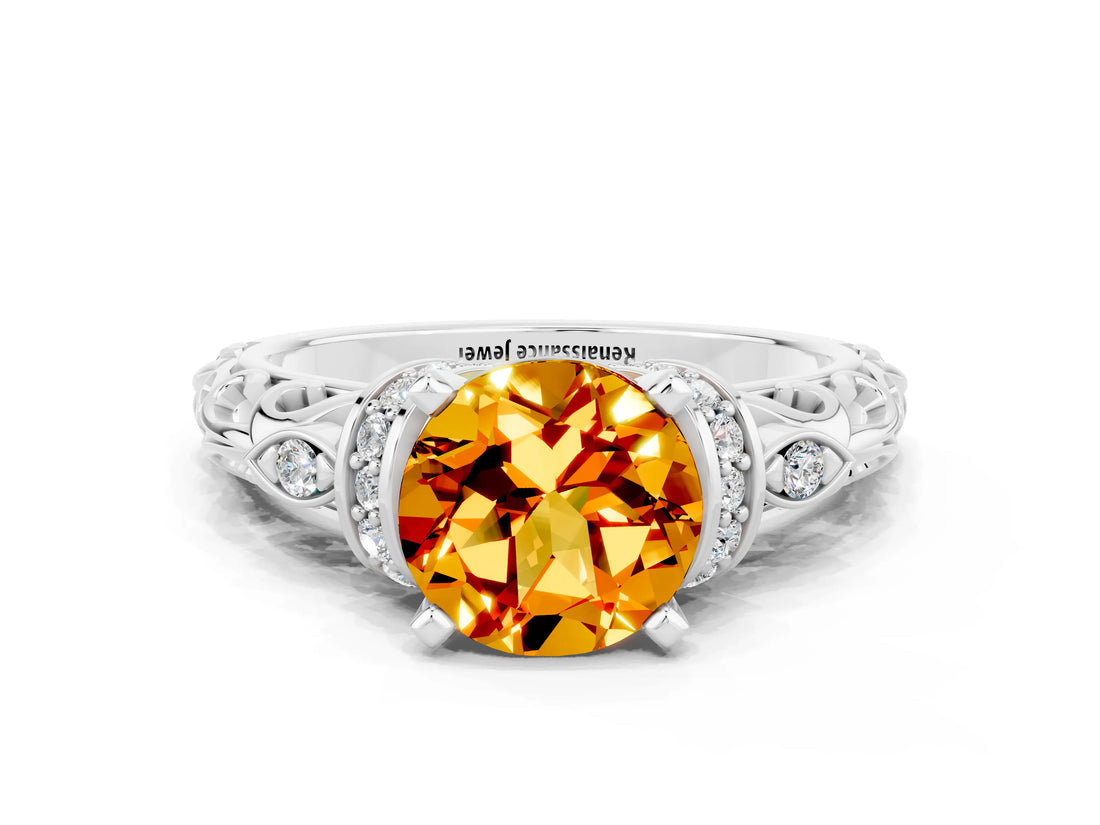 White gold Round Cut Citrine Solitaire Ring with Filigree Band and Four-Prong Setting_24