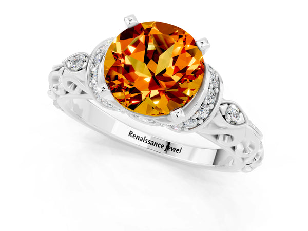 Platinum Round Cut Citrine Solitaire Ring with Filigree Band and Four-Prong Setting