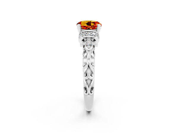 Silver Round Cut Citrine Solitaire Ring with Filigree Band and Four-Prong Setting