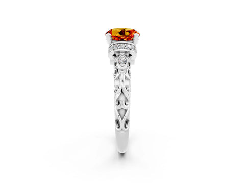 White gold Round Cut Citrine Solitaire Ring with Filigree Band and Four-Prong Setting_26