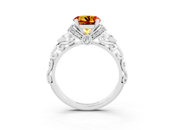 Platinum Round Cut Citrine Solitaire Ring with Filigree Band and Four-Prong Setting