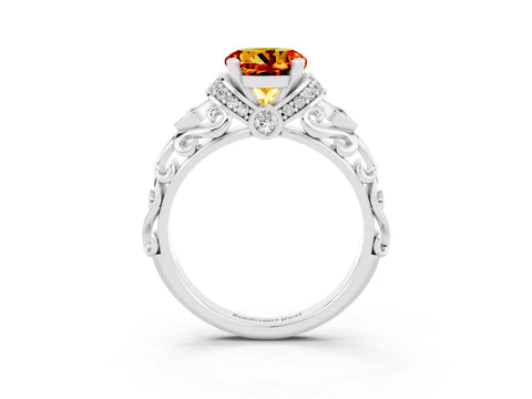 White gold Round Cut Citrine Solitaire Ring with Filigree Band and Four-Prong Setting_27
