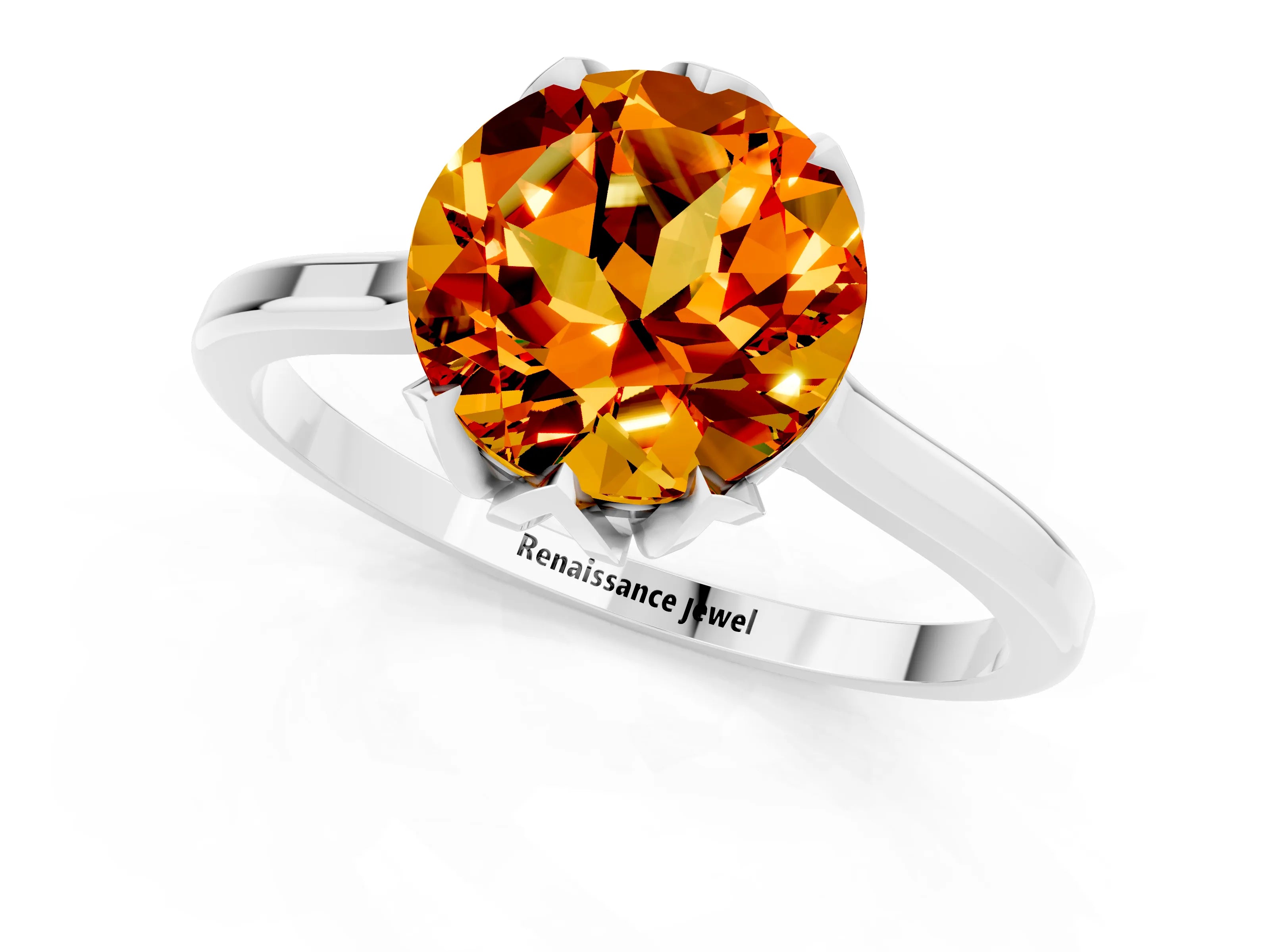 White gold Round Cut Citrine Solitaire Ring with Flower Prong Setting and Classic Band_13