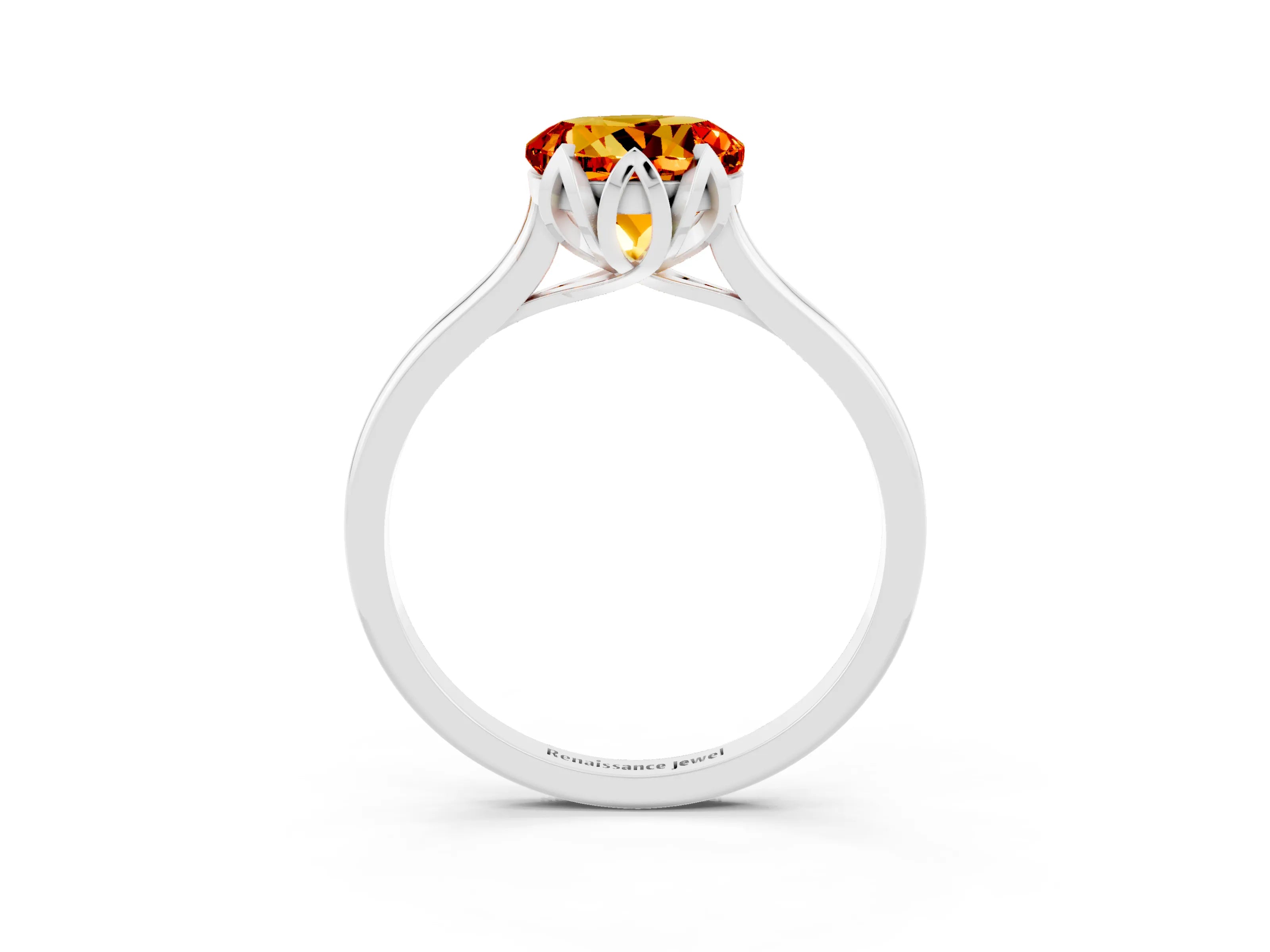 White gold Round Cut Citrine Solitaire Ring with Flower Prong Setting and Classic Band_15