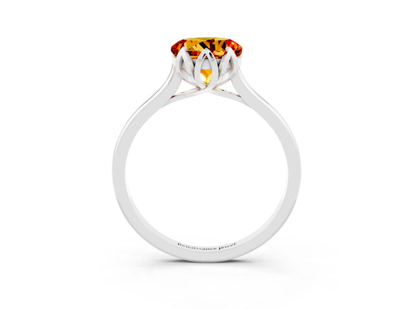 Silver Round Cut Citrine Solitaire Ring with Flower Prong Setting and Classic Band