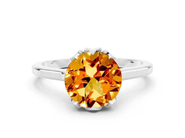 White gold Round Cut Citrine Solitaire Ring with Flower Prong Setting and Classic Band