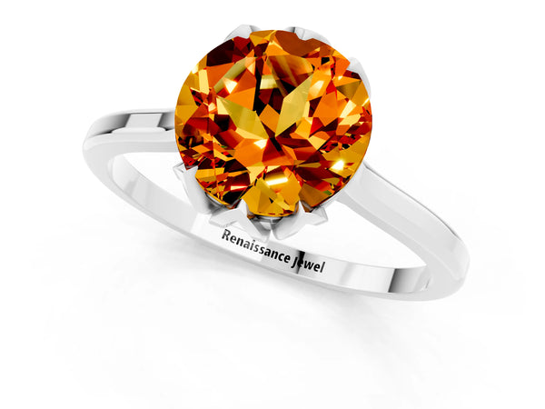 White gold Round Cut Citrine Solitaire Ring with Flower Prong Setting and Classic Band