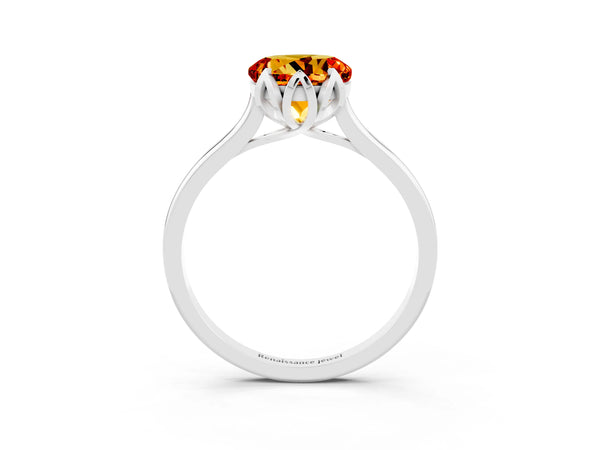 White gold Round Cut Citrine Solitaire Ring with Flower Prong Setting and Classic Band