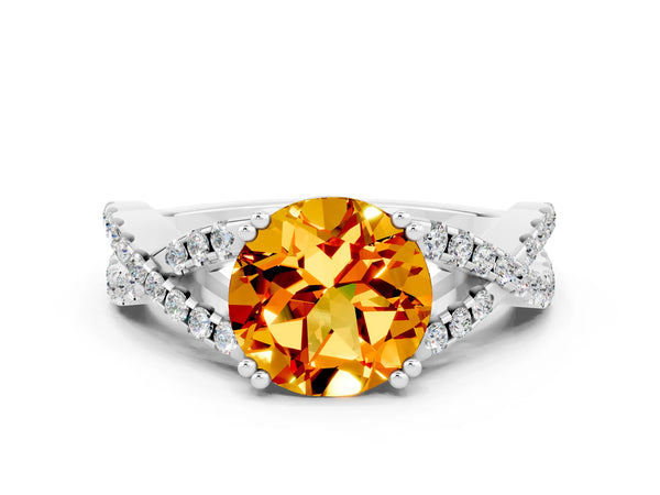 Platinum Round Cut Citrine Solitaire Ring with Four-Prong Setting and Twisted Pavé Band