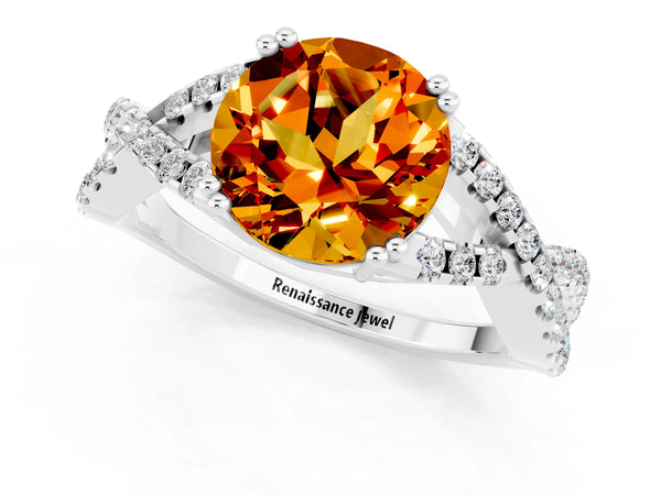 White gold Round Cut Citrine Solitaire Ring with Four-Prong Setting and Twisted Pavé Band