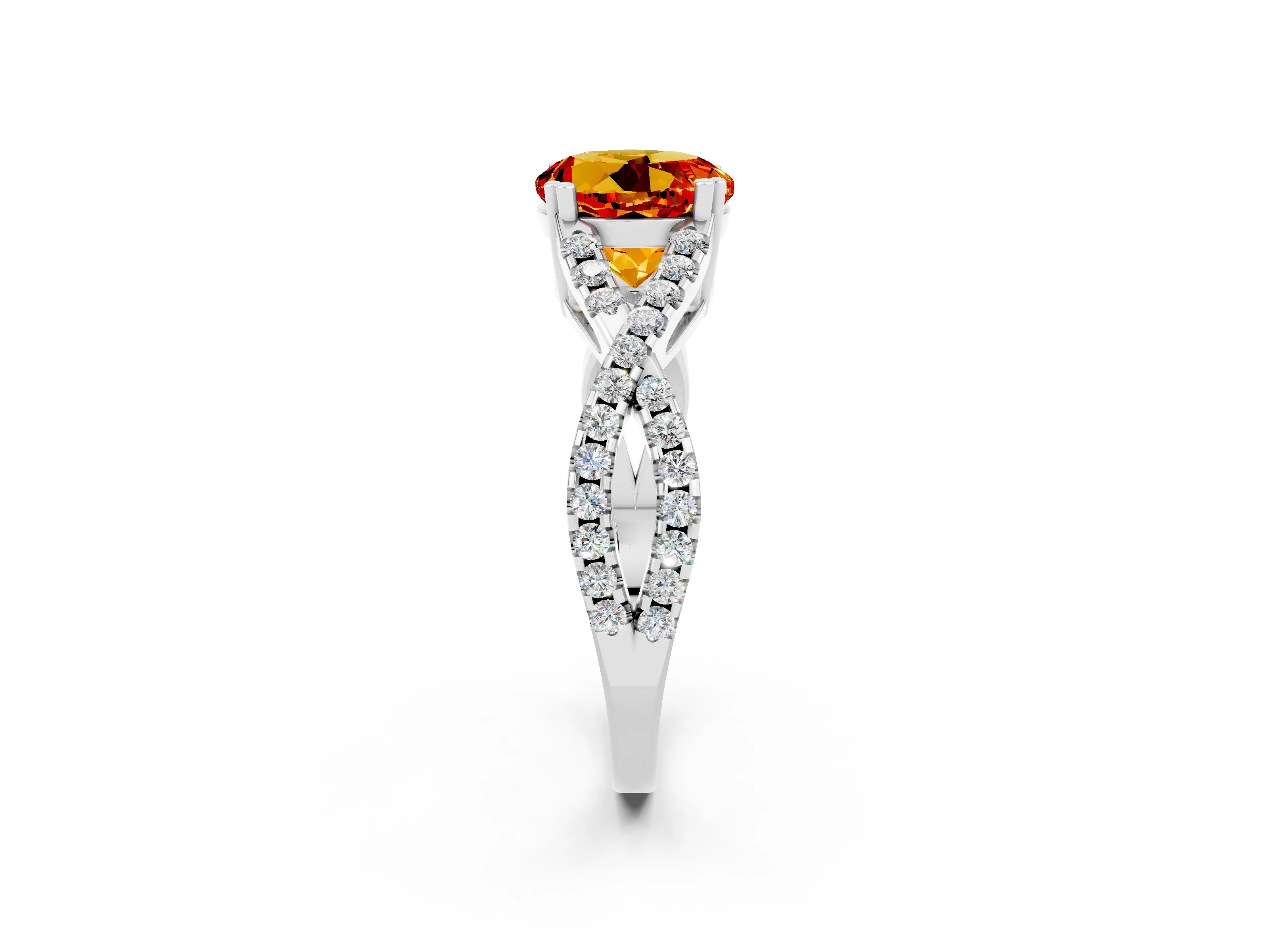 White gold Round Cut Citrine Solitaire Ring with Four-Prong Setting and Twisted Pavé Band_2