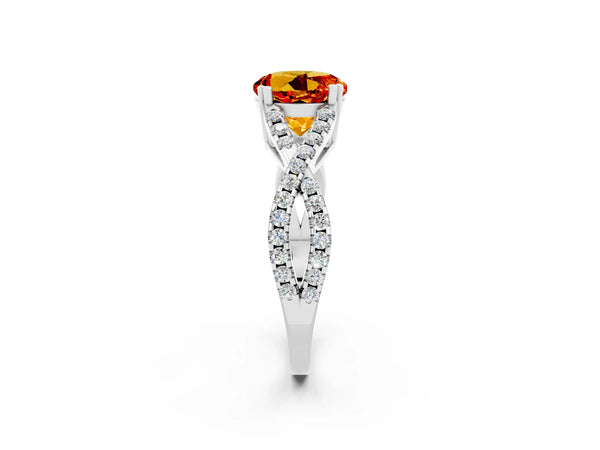 White gold Round Cut Citrine Solitaire Ring with Four-Prong Setting and Twisted Pavé Band