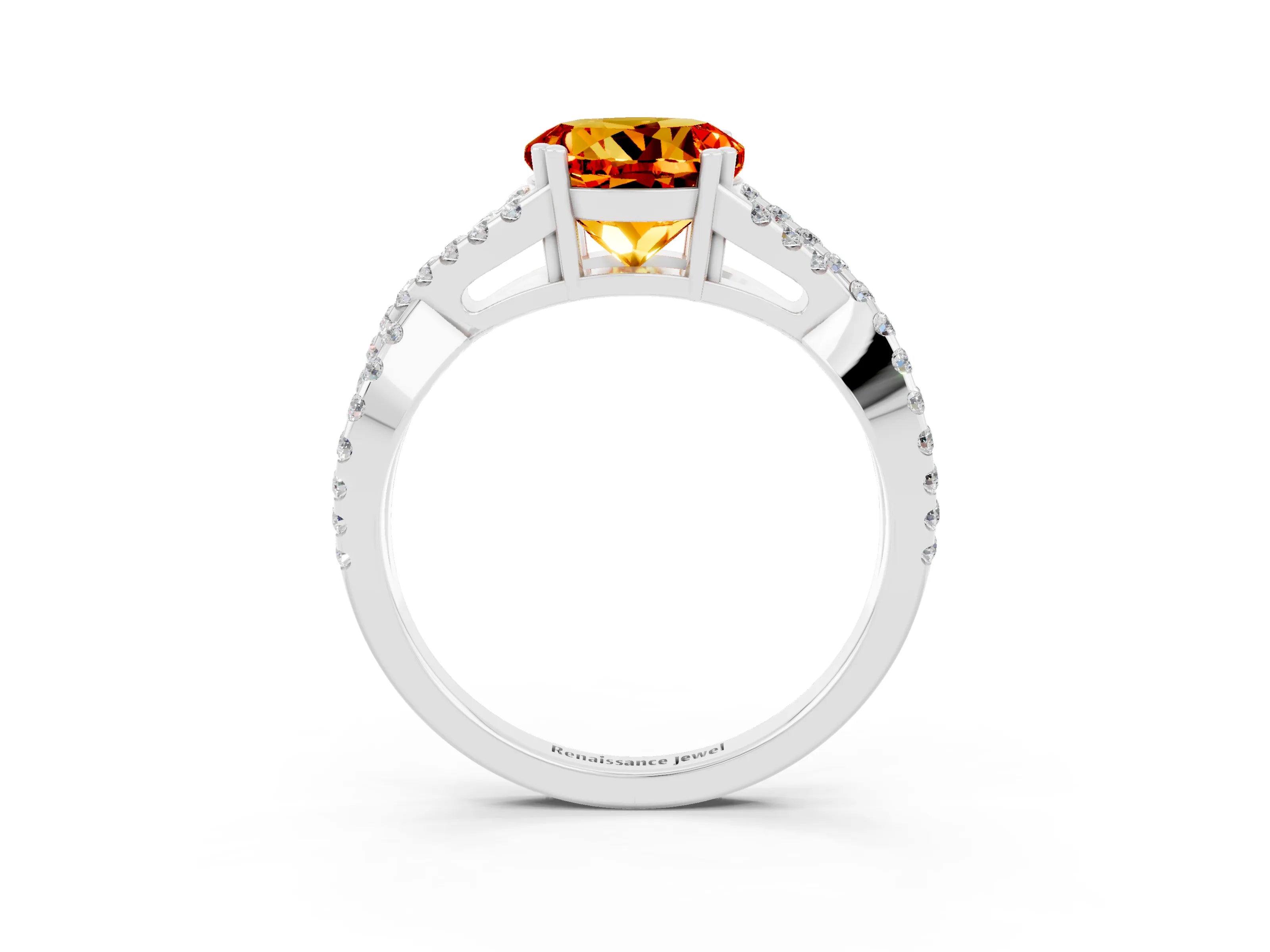 White gold Round Cut Citrine Solitaire Ring with Four-Prong Setting and Twisted Pavé Band_3