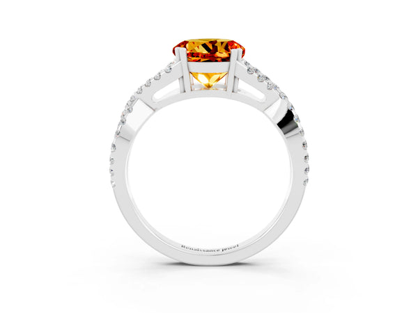 Silver Round Cut Citrine Solitaire Ring with Four-Prong Setting and Twisted Pavé Band