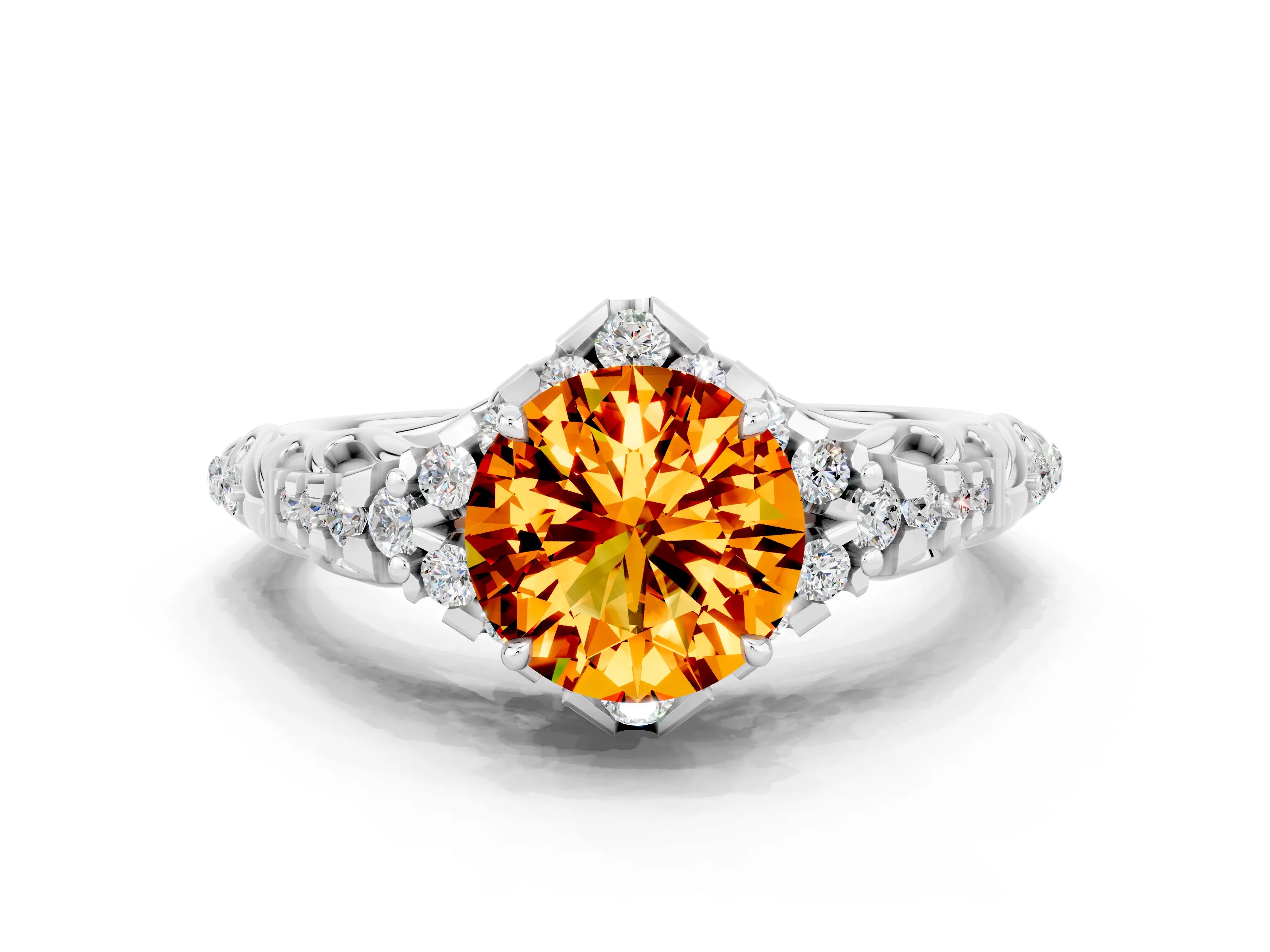 White gold Round Cut Citrine Solitaire Ring with Hidden Halo and Pavé Band_12