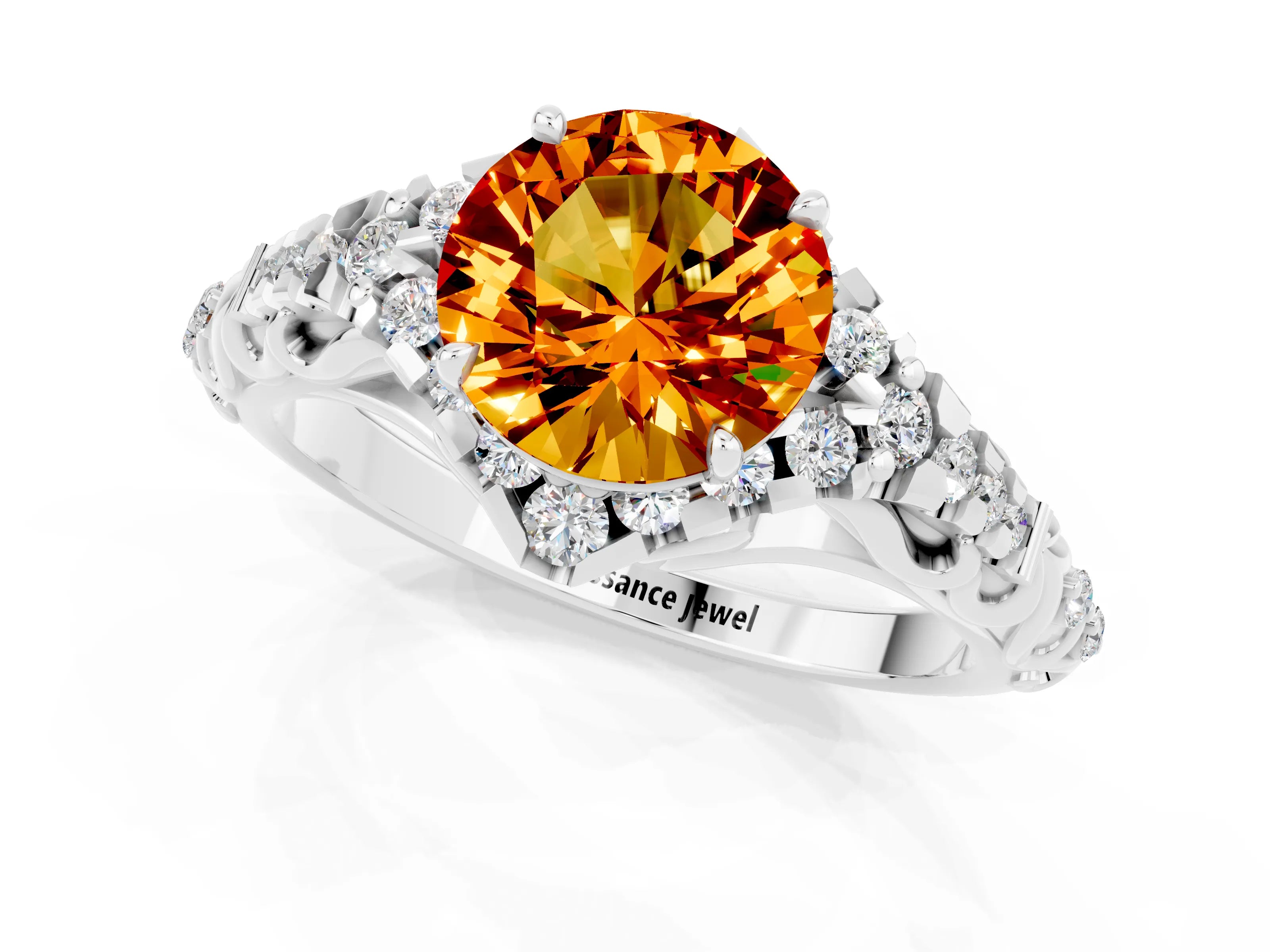 White gold Round Cut Citrine Solitaire Ring with Hidden Halo and Pavé Band_13