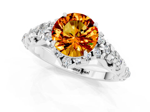 White gold Round Cut Citrine Solitaire Ring with Hidden Halo and Pavé Band_13
