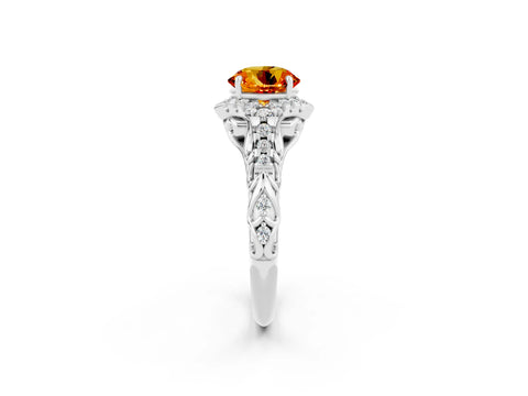 White gold Round Cut Citrine Solitaire Ring with Hidden Halo and Pavé Band_14