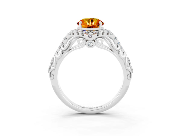 White gold Round Cut Citrine Solitaire Ring with Hidden Halo and Pavé Band