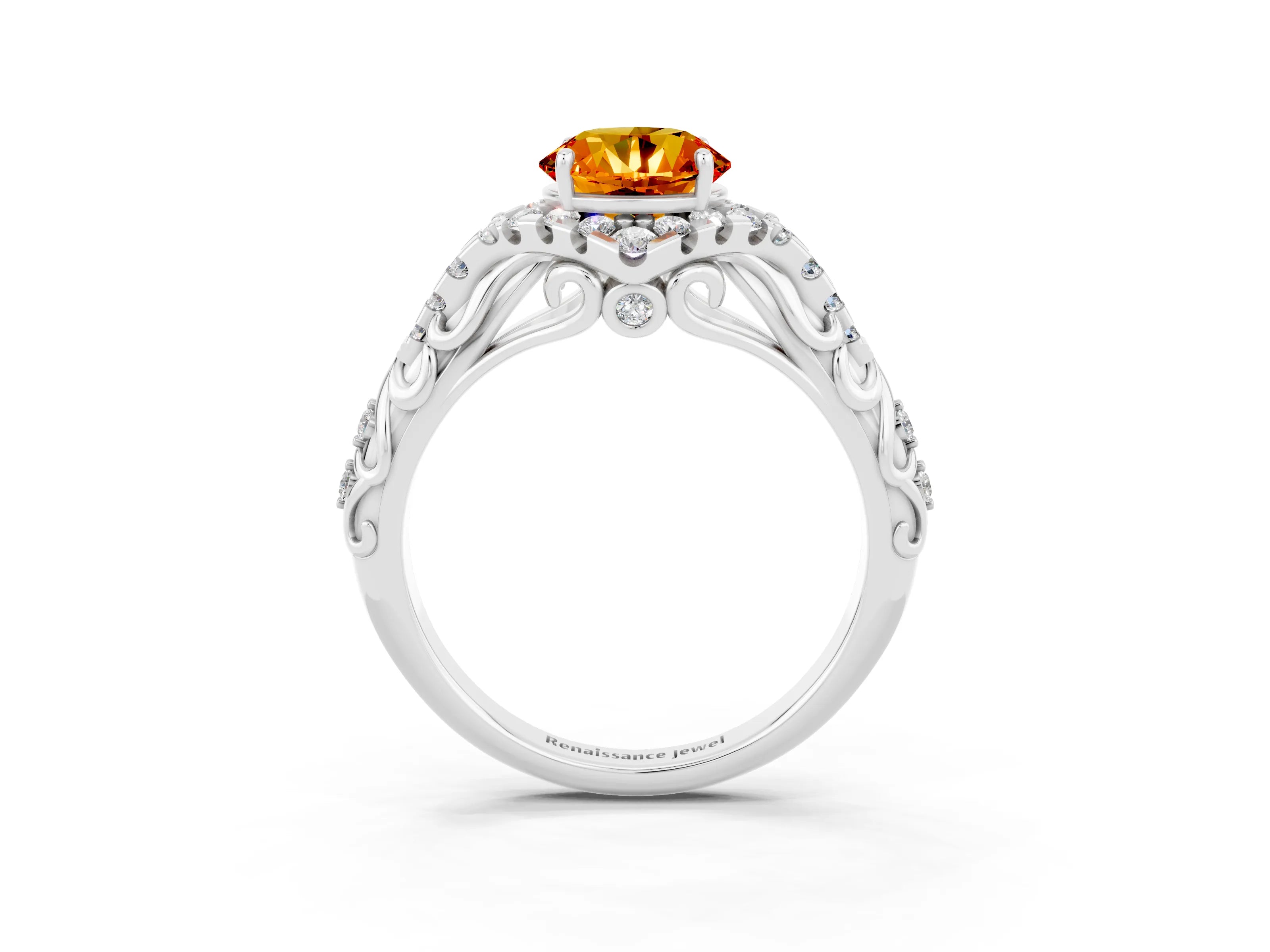 White gold Round Cut Citrine Solitaire Ring with Hidden Halo and Pavé Band_15
