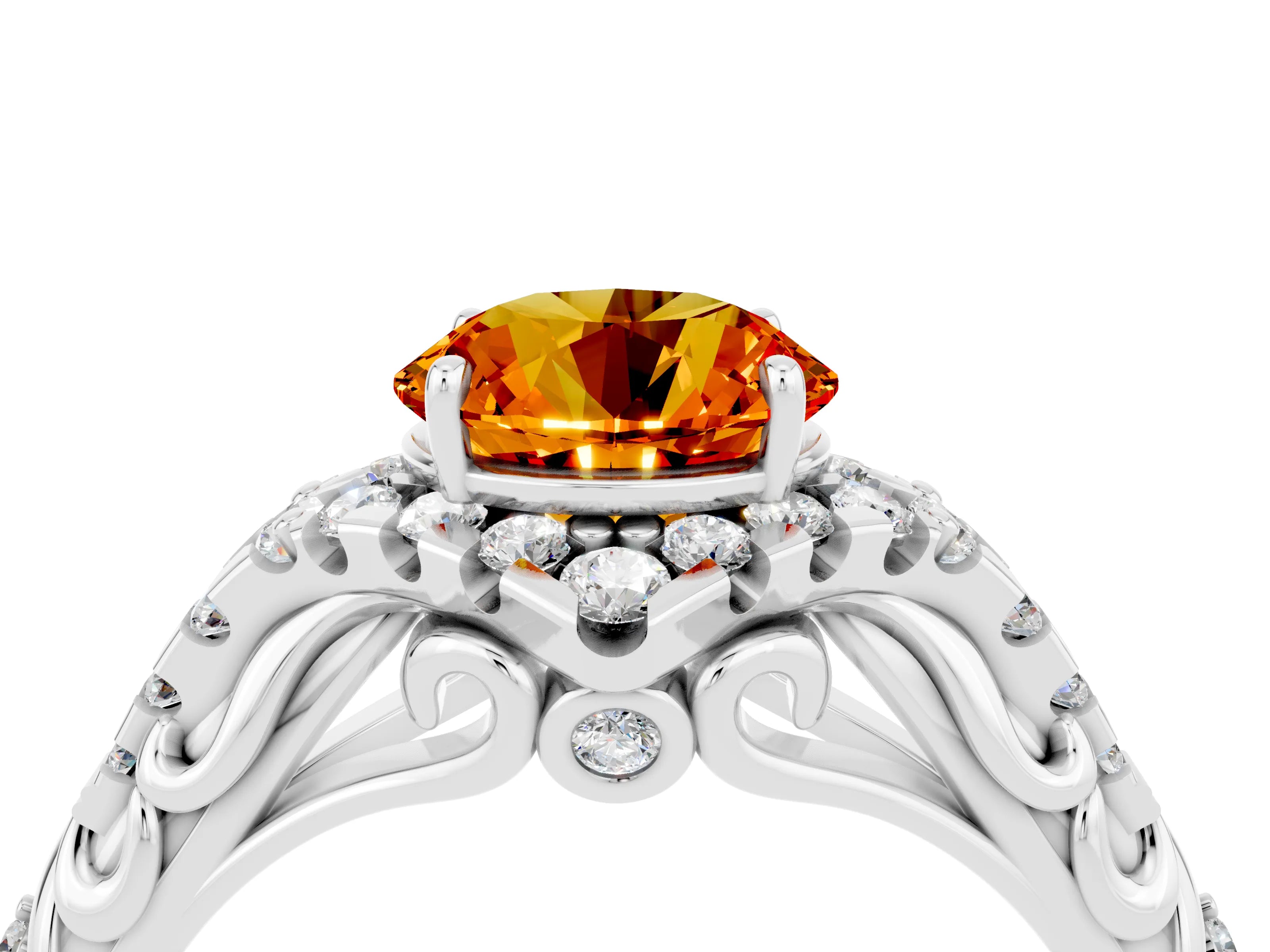 White gold Round Cut Citrine Solitaire Ring with Hidden Halo and Pavé Band_16