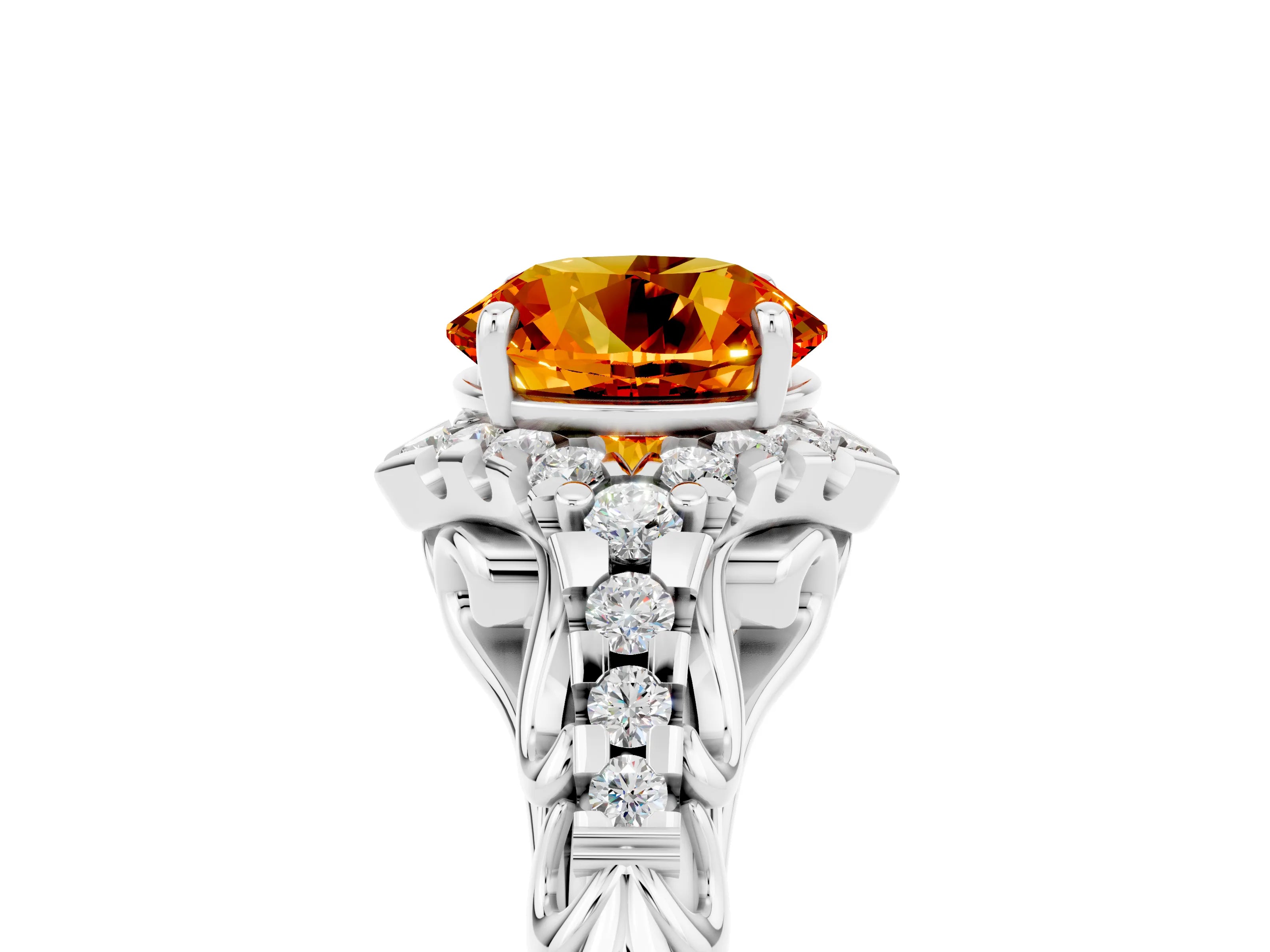 White gold Round Cut Citrine Solitaire Ring with Hidden Halo and Pavé Band_17