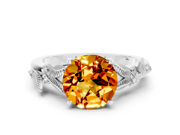 Platinum Round Cut Citrine Solitaire Ring with Leaf Motif Band and Four-Prong Setting