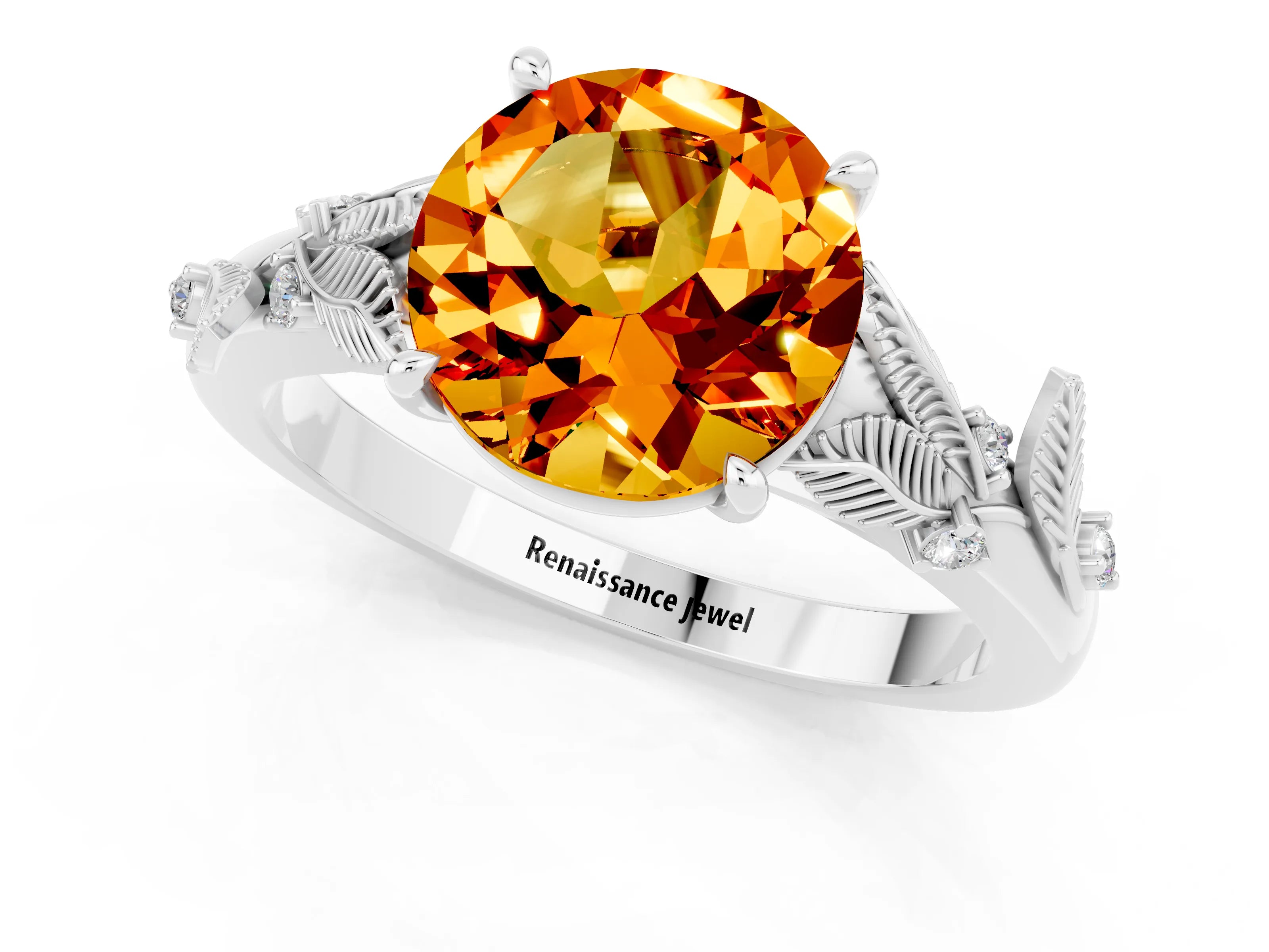 White gold Round Cut Citrine Solitaire Ring with Leaf Motif Band and Four-Prong Setting_25