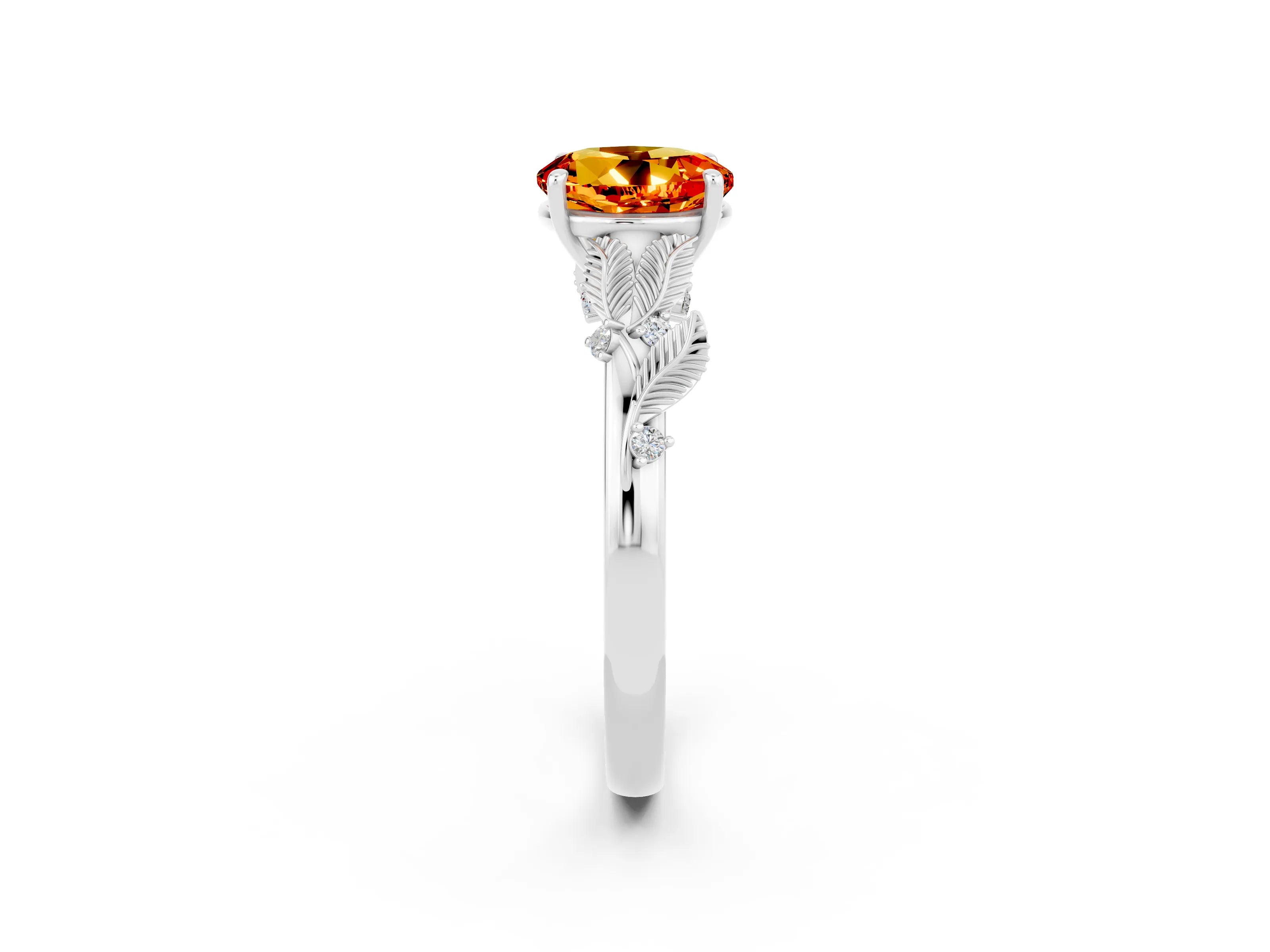 White gold Round Cut Citrine Solitaire Ring with Leaf Motif Band and Four-Prong Setting_26