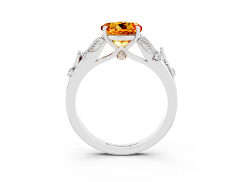 White gold Round Cut Citrine Solitaire Ring with Leaf Motif Band and Four-Prong Setting_27