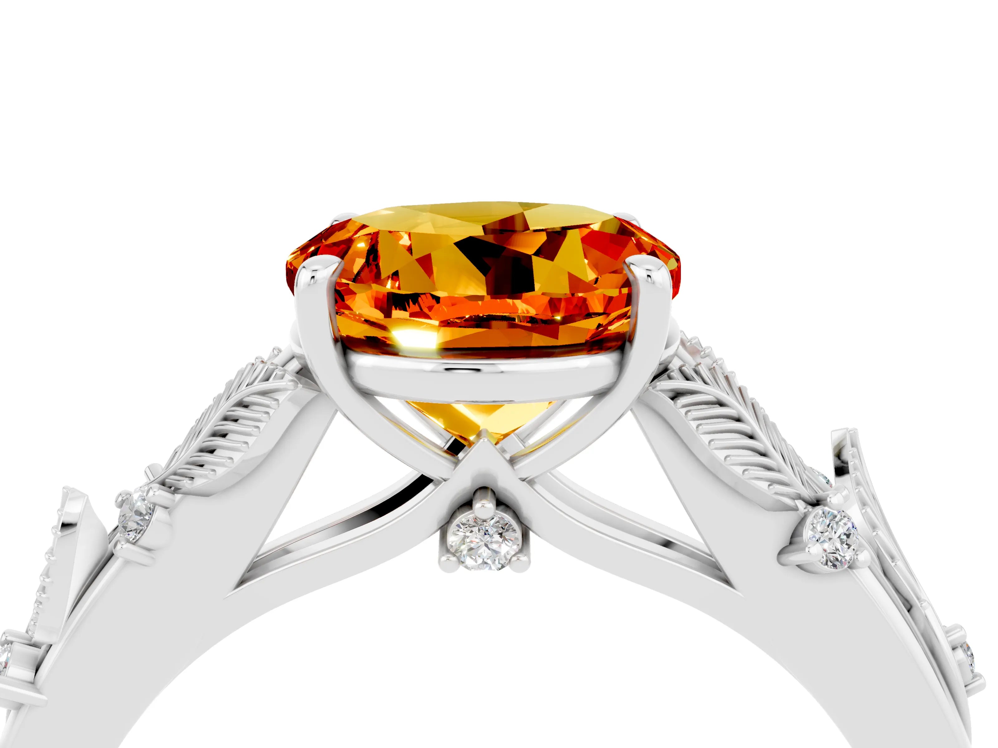 White gold Round Cut Citrine Solitaire Ring with Leaf Motif Band and Four-Prong Setting_28