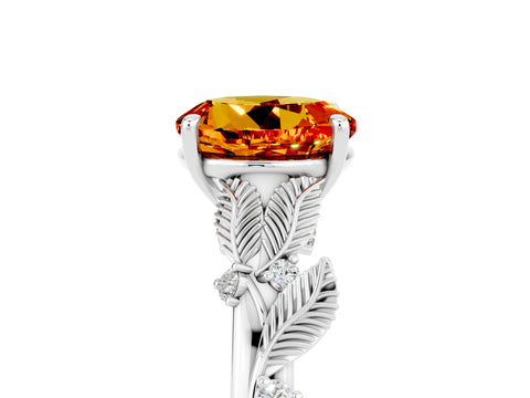 White gold Round Cut Citrine Solitaire Ring with Leaf Motif Band and Four-Prong Setting_29
