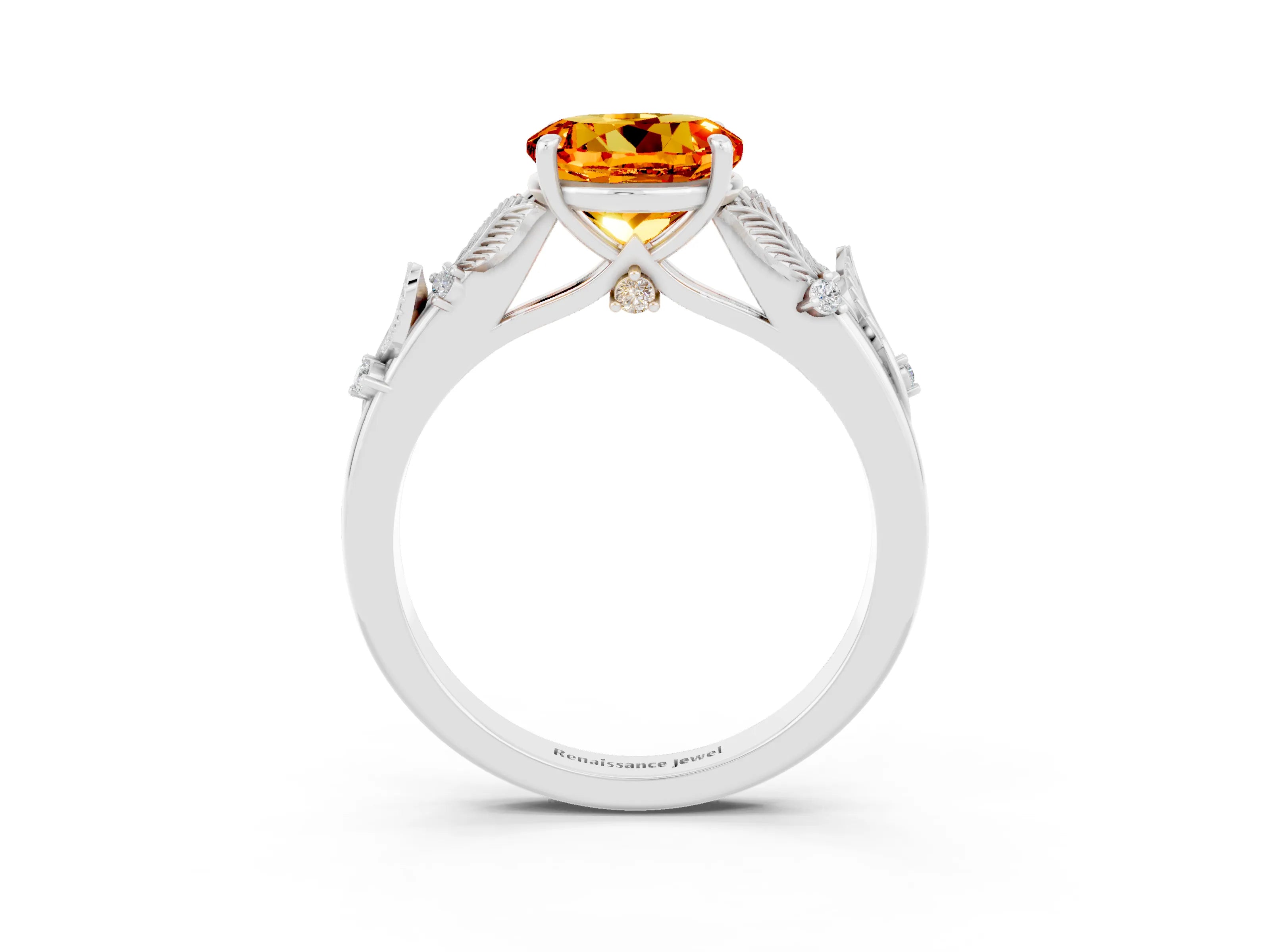 White gold Round Cut Citrine Solitaire Ring with Leaf Motif Band and Four-Prong Setting_34