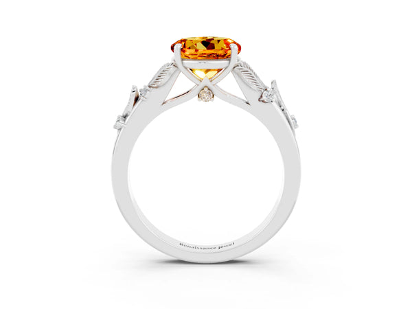 White gold Round Cut Citrine Solitaire Ring with Leaf Motif Band and Four-Prong Setting