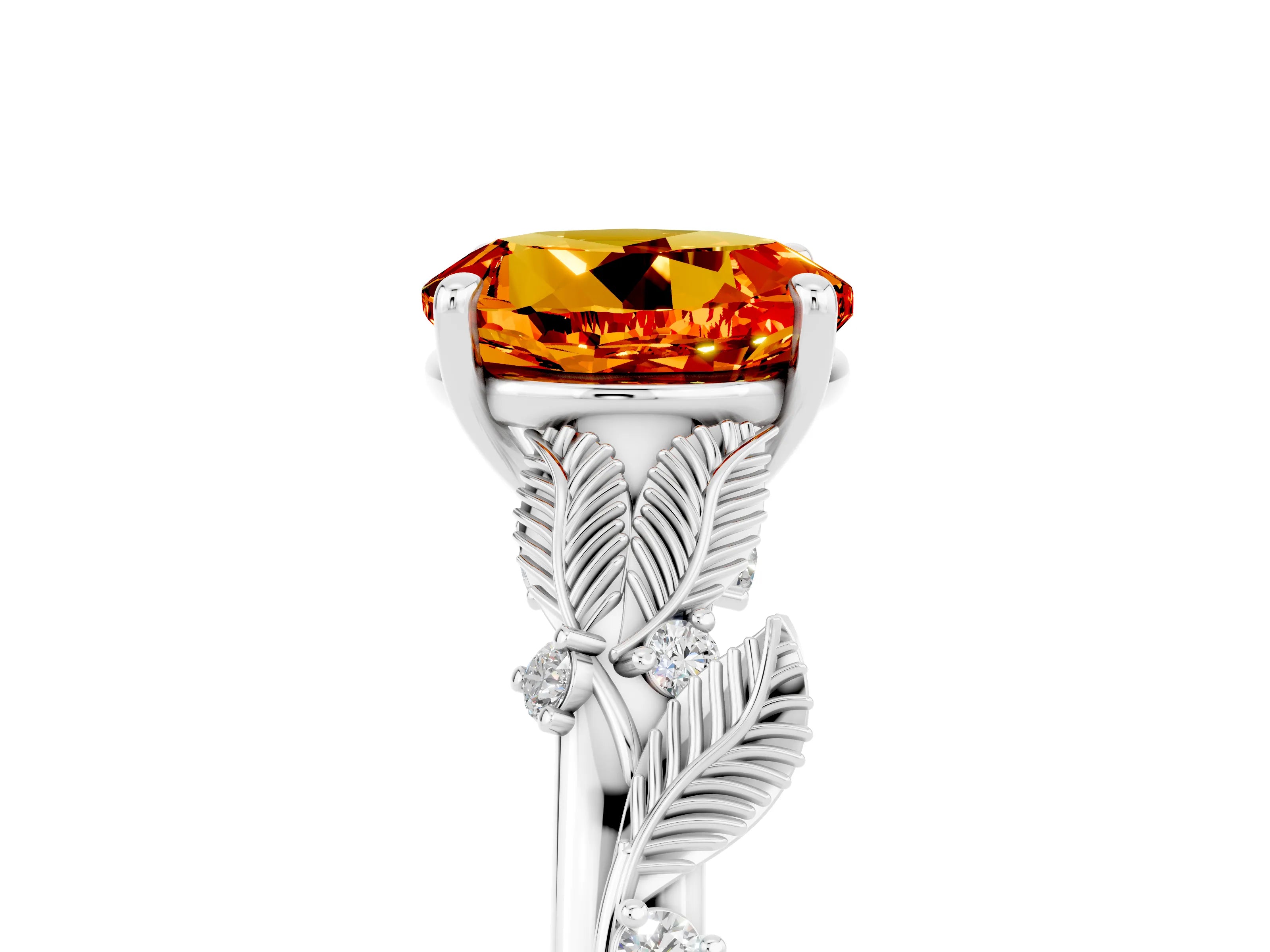 White gold Round Cut Citrine Solitaire Ring with Leaf Motif Band and Four-Prong Setting_36