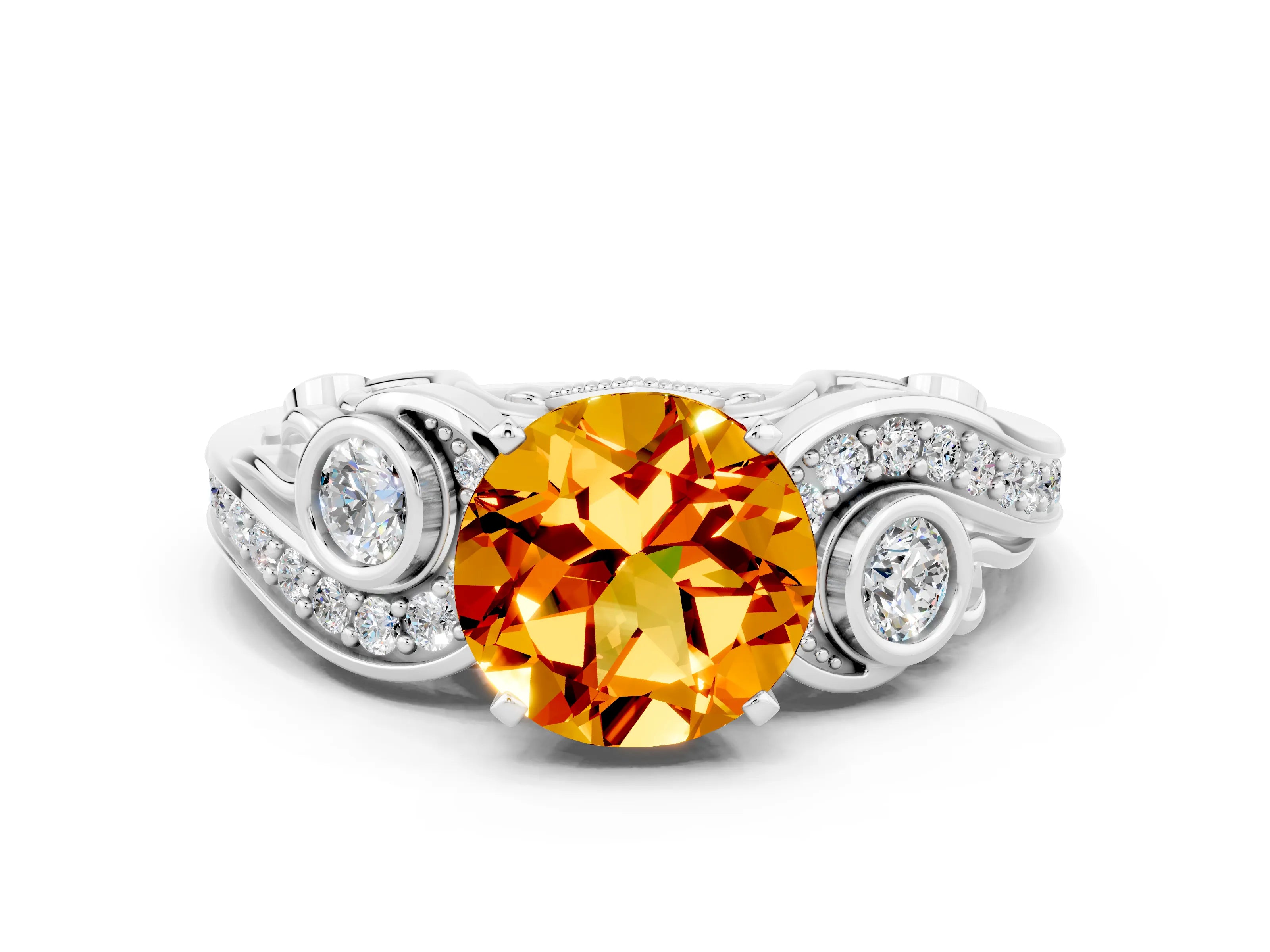 White gold Round Cut Citrine Solitaire Ring with Milgrain Pavé Band and Four-Prong Setting_18