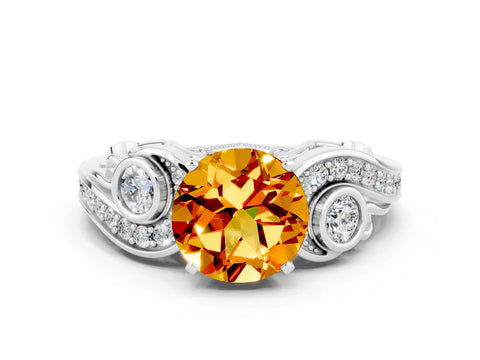 White gold Round Cut Citrine Solitaire Ring with Milgrain Pavé Band and Four-Prong Setting_24